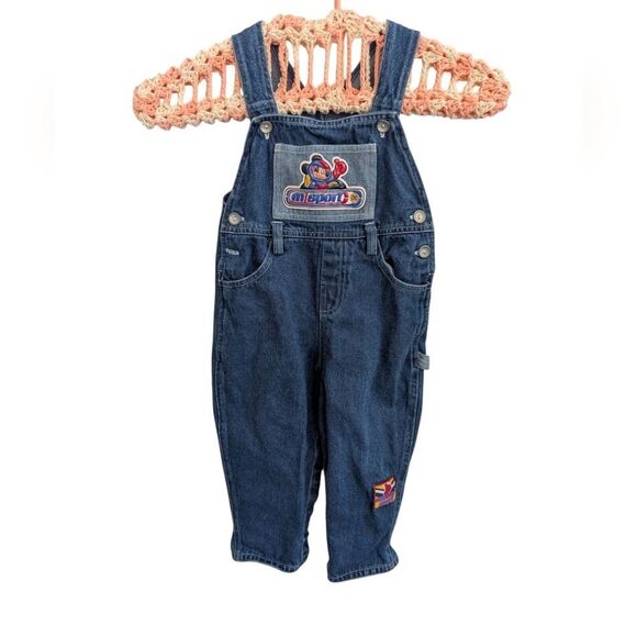 Disney Mickey Mouse Vintage Blue Denim Racing Theme Overalls Size 18 Months - Picture 7 of 8